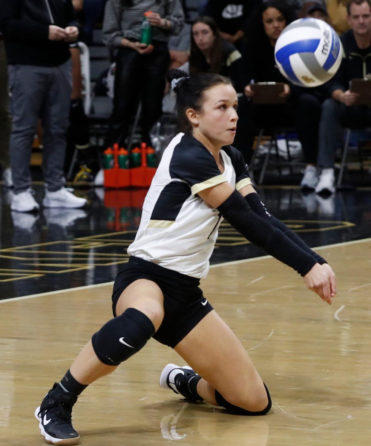 Purdue Boilermakers Ava Torrance (1) hits the ball during the NCAA volleyball match against the Nebraska Cornhuskers, Wednesday, Oct. 19, 2022, at Holloway Gymnasium in West Lafayette, Ind. Nebraska won 3-0.