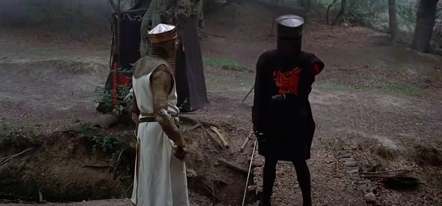 A knight is missing an arm, but it's just a flesh wound