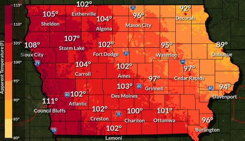 NWS Des Moines: Maximum heat index value map for Monday, June 24, 2024.