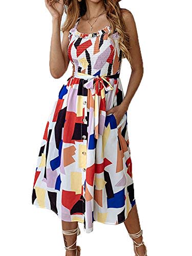 PORALA Womens Summer Dresses V-Neck Casual Work Geometric Pattern Midi Floral Print Belted Pencil Dress(XS-XXXL) (Amazon / Amazon)