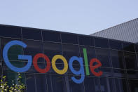 FILE - This July 19, 2016, file photo shows the Google logo at the company's headquarters in Mountain View, Calif. Google is expected to unveil a new Pixel phone with an updated camera and an emphasis on artificial intelligence features. (AP Photo/Marcio Jose Sanchez, File)