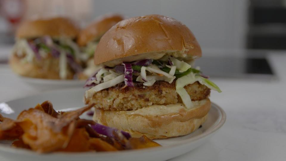 trader joes crispy shrimp burger with old bay mayo and spicy slaw