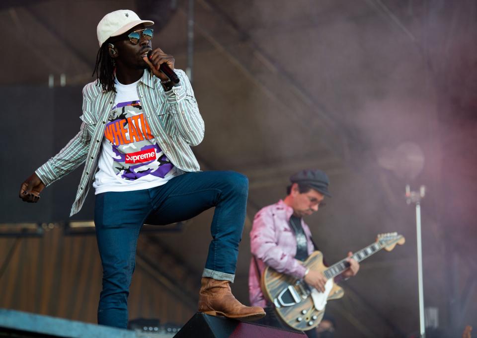 Eric Burton and Adrian Quesada with Black Pumas performs during the second day of the Pilgrimage Music & Cultural Festival at the Park in Harlinsdale in Franklin, Tenn., Sunday, Sept. 26, 2021.