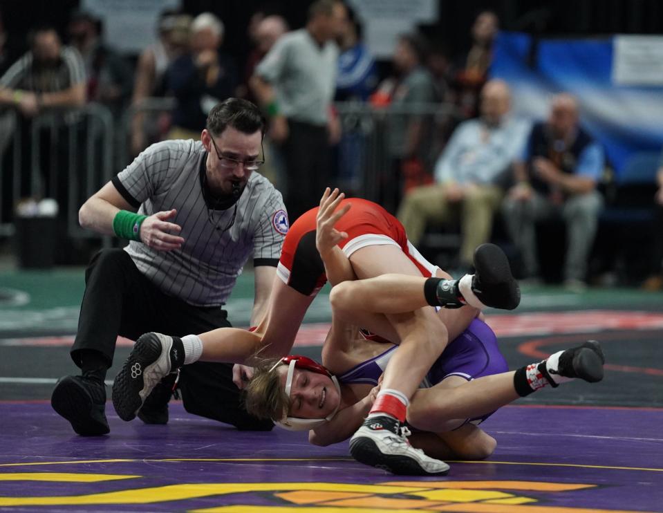 Norwich's Maverick Beckwith wrestles in the quarterfinal matche of the NYSPHSAA Wrestling Championships at MVP Arena in Albany, on Friday, February 24, 2023.