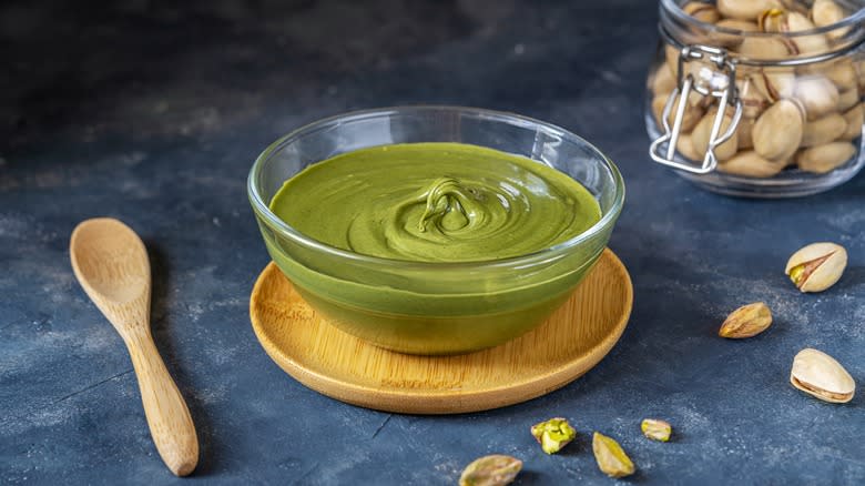 Green pistachio butter in bowl