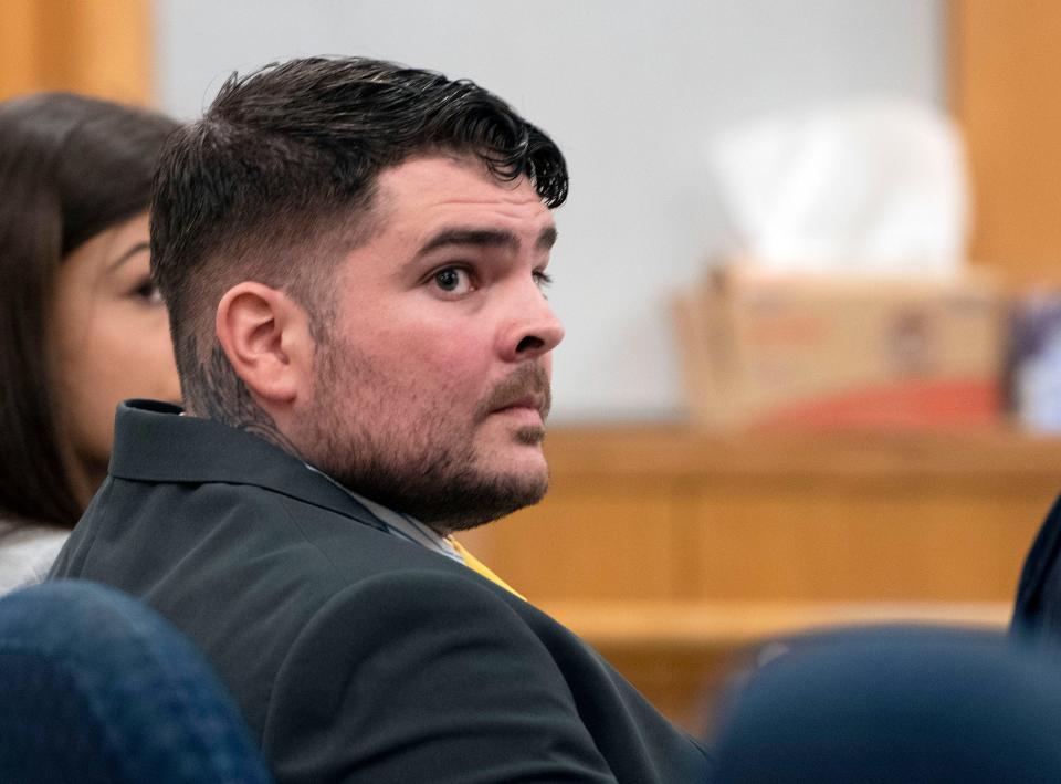 Jonathon Hobbs listens to testimony during his trial Thursday. Hobbs is charged with first-degree premeditated murder in the homicide of Danny Blackmon Jr. in February 2021.