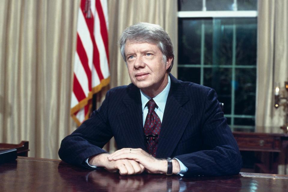 PHOTO: President Carter is about to address the nation from the White House on his energy proposals, Washington, DC, April 18, 1977. (Bettmann Archive/Getty Images)