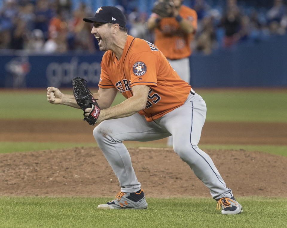 Houston Astros starting pitcher Justin Verlander reacts after pitching a no-hitter against the Toronto Blue Jays in a baseball game in Toronto, Sunday, Sept. 1, 2019. (Fred Thornhill/The Canadian Press via AP)