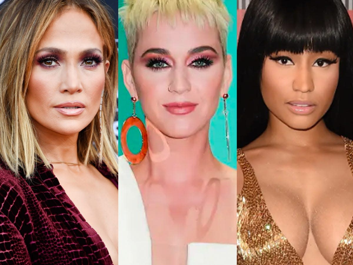 triple side by side photos of jennifer lopez, katy perry, and nicki minaj on red carpets