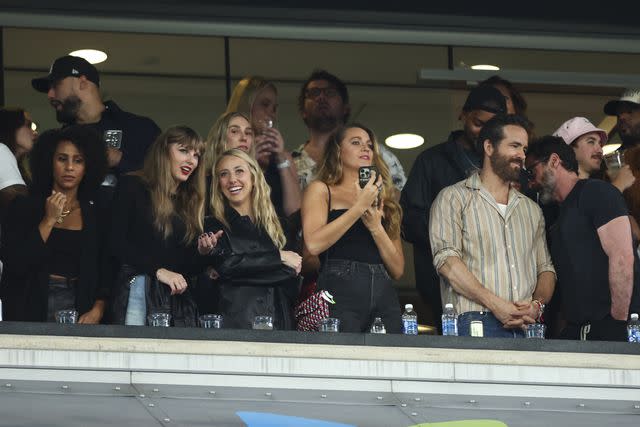 <p>Kevin Sabitus/Getty</p> Taylor Swift Brittany Mahomes, Blake Lively, Hugh Jackman, and Ryan Reynolds 10 01 23