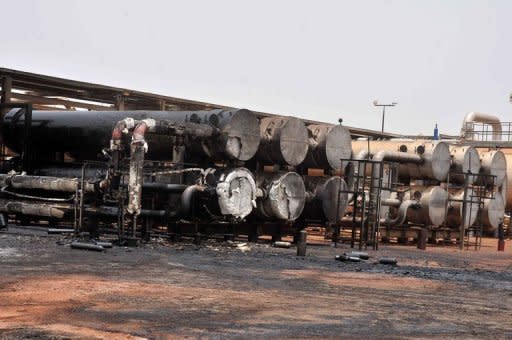 Burnt facilities are seen at oil processing facility in Sudan's main petroleum centre of Heglig. Khartoum's warplanes bombed border regions, leading South Sudan's leader on Tuesday to accuse Sudan of declaring war, as the United States condemned the "provocative" strikes