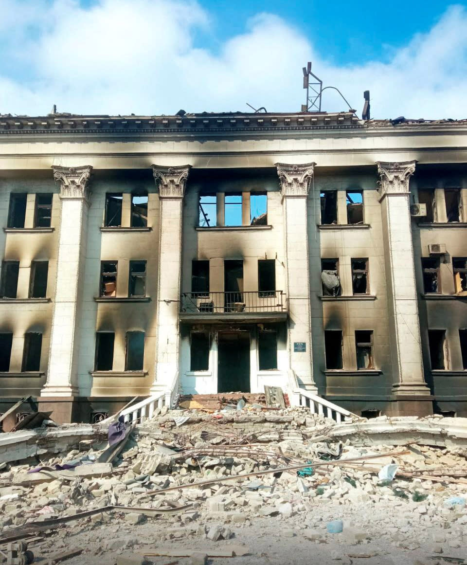 A view of the damage after the bombing of the drama theater in Mariupol, Ukraine.
