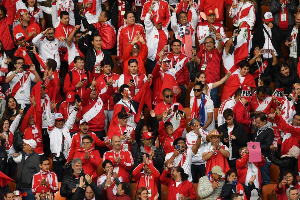 Peruvian supporters cheer ahead of the Russia 2018 World Cup Group C football match between France and Peru at the Ekaterinburg Arena in Ekaterinburg on June 21, 2018. (Getty)