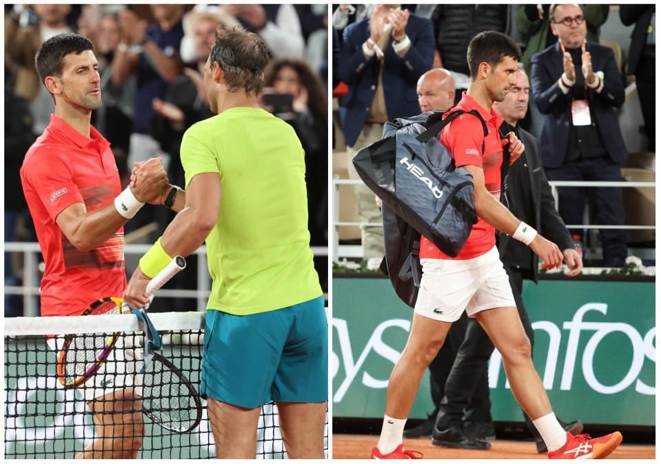 Novak Djokovic y Rafael Nadal saludándose en la red tras su partido en Roland Garros y el serbio marchándose de la pista sin despedirse. (Foto: John Berry / Getty Images / John Berry / Getty Images).