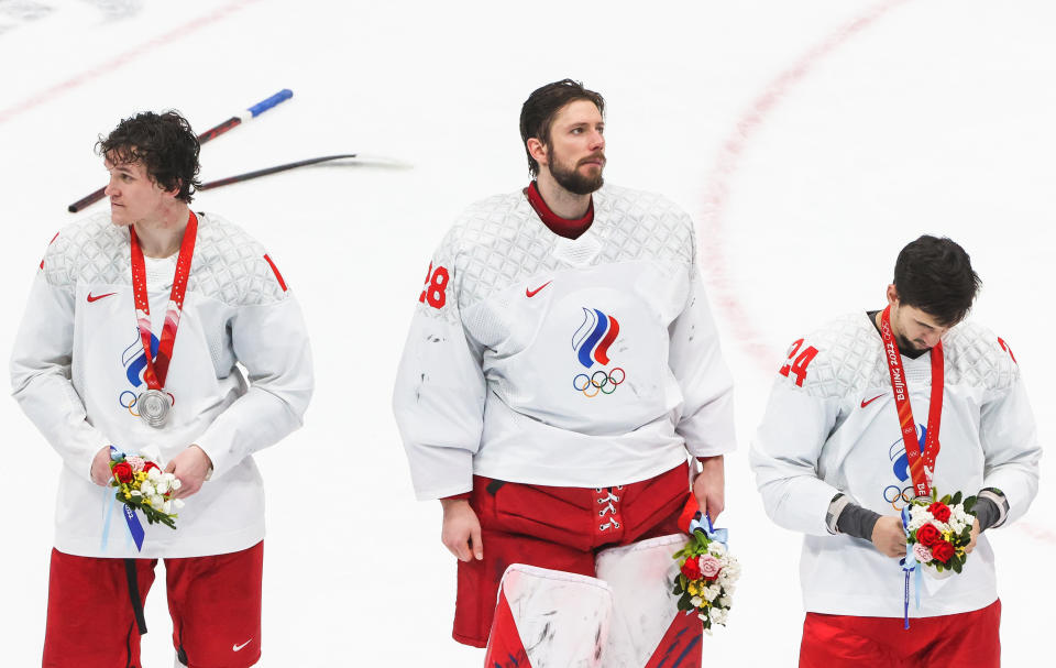 Ivan Fedotov, pictured here refusing to wear his silver medal after ROC's loss to Finland in the ice hockey final at the Winter Olympics.