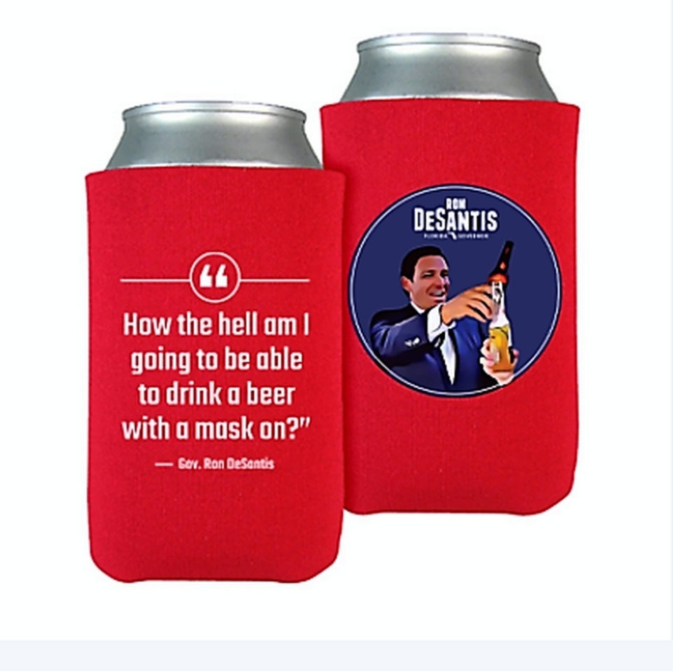 Amid deadly COVID, Florida Governor Ron DeSantis is selling on his campaign merchandise website a beer koozie that promotes one of his anti-masking messages: ”How the hell am I going to be able to drink a beer with a mask on?” But the Republican now claims he doesn’t know how mask-wearing became political.