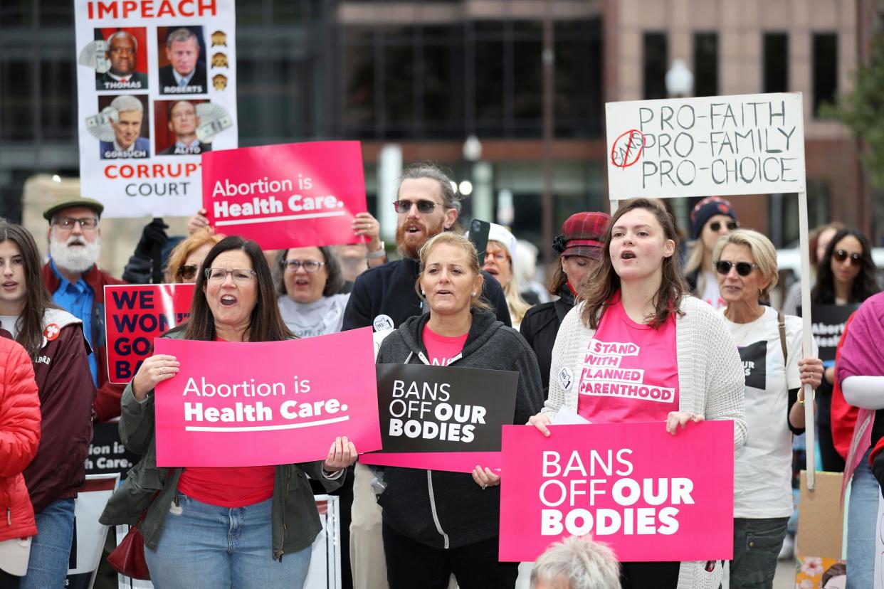 <span>Abortion-rights supporters protest on 8 October 2023 in Columbus, Ohio.</span><span>Photograph: Joe Maiorana/AP</span>