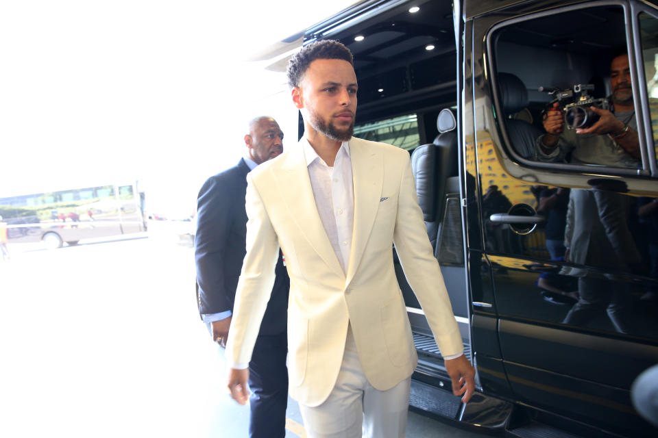 Jun 13, 2019; Oakland, CA, USA; Golden State Warriors guard Stephen Curry (30) walks into Oracle Arena prior to game six of the 2019 NBA Finals against the Toronto Raptors. Mandatory Credit:Cary Edmondson-USA TODAY Sports