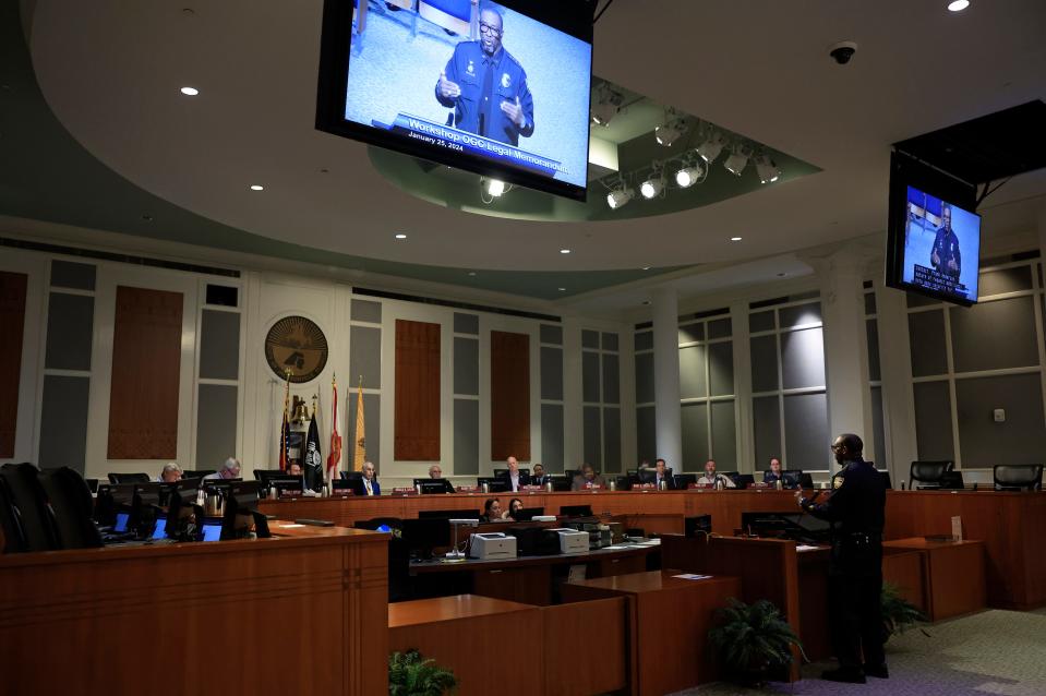 Jacksonville Sheriff T.K. Waters speaks during a City Council workshop regarding the Office of General Counsel’s legal memorandum Thursday, Jan. 25, 2024 at City Hall in Jacksonville, Fla. City Council questioned city lawyers about the process of crafting the opinion meant to justify the removal of two statues from the "Women of the Southland" Confederate monument in Springfield Park on Dec. 27, 2023. [Corey Perrine/Florida Times-Union]