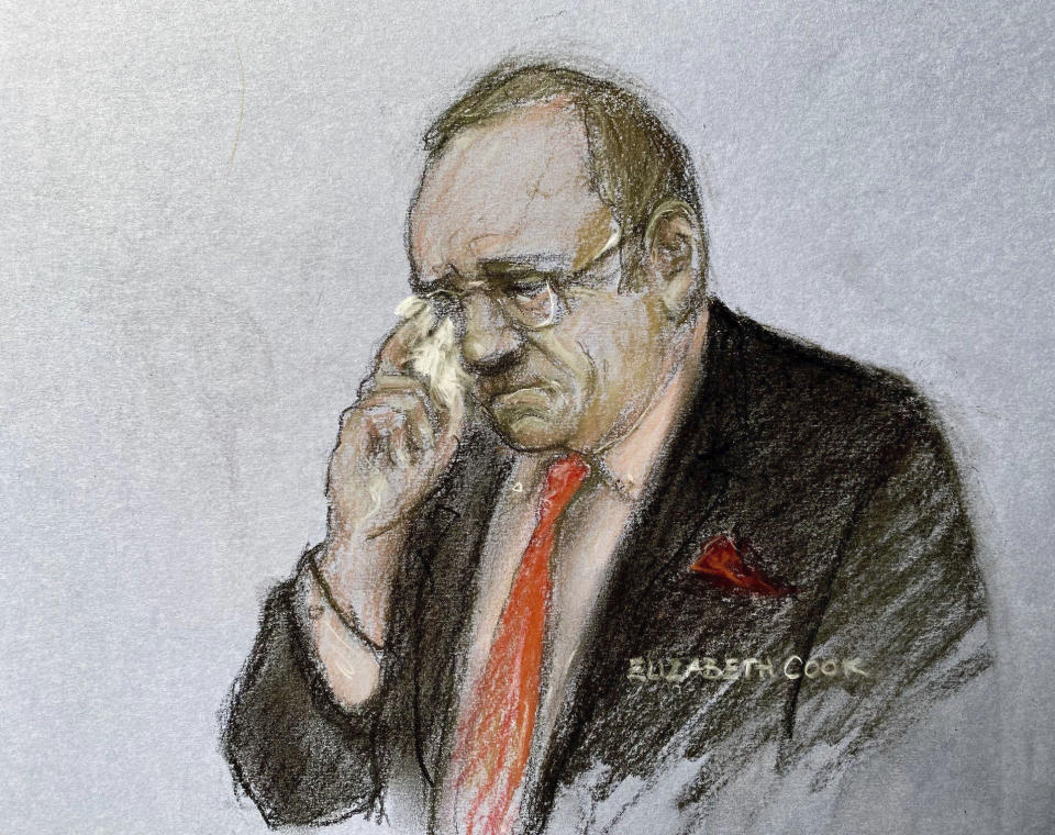 This court artist sketch by Elizabeth Cook shows actor Kevin Spacey appearing at Southwark Crown Court, London, Wednesday July 26, 2023. (Elizabeth Cook/PA via AP)