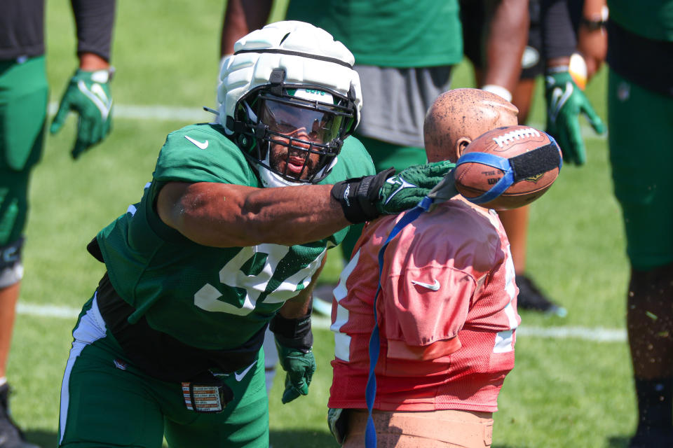 Jul 31, 2023; Florham Park, NY, USA; New York Jets defensive end Solomon Thomas (94) participates in drills during the New York Jets Training Camp at Atlantic Health Jets Training Center. Mandatory Credit: Vincent Carchietta-USA TODAY Sports