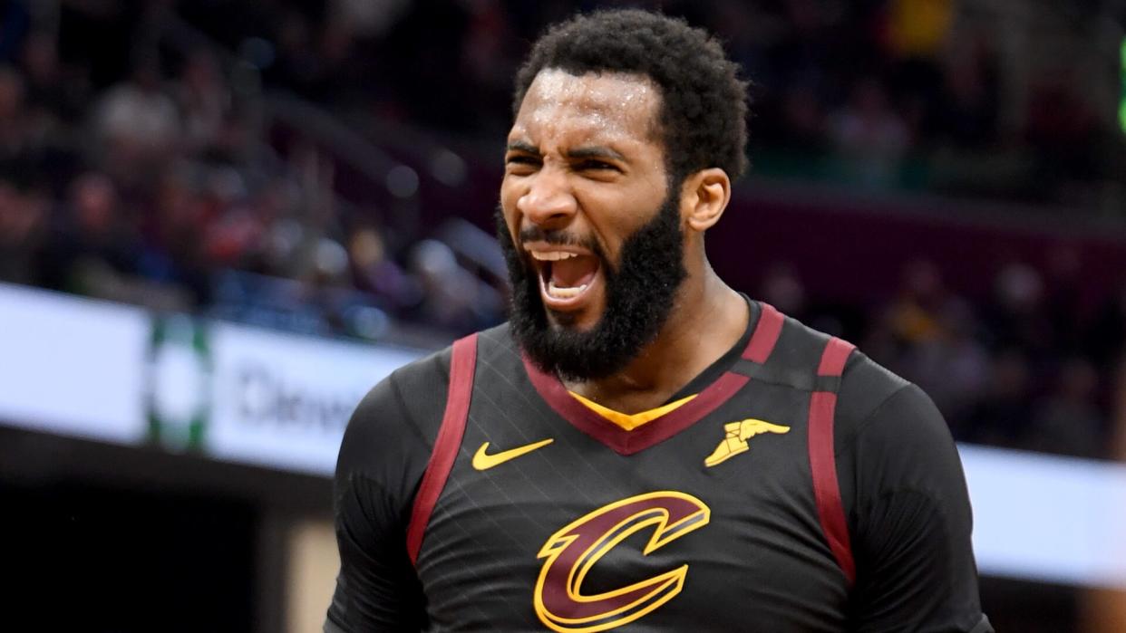 CLEVELAND, OHIO - MARCH 08: Andre Drummond #3 of the Cleveland Cavaliers celebrates after scoring during the second half against the San Antonio Spurs at Rocket Mortgage Fieldhouse on March 08, 2020 in Cleveland, Ohio.
