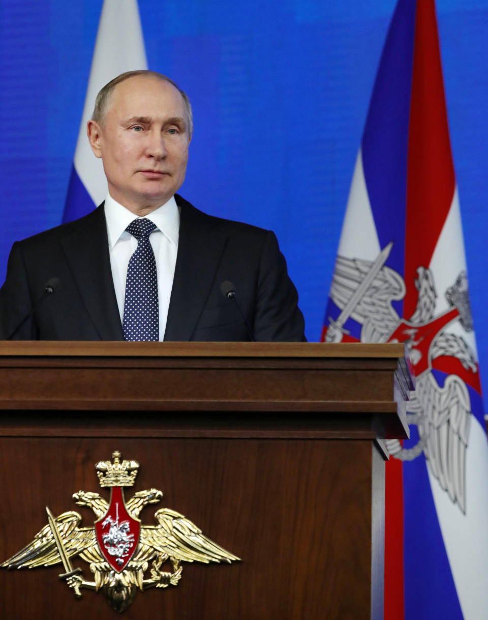 Russian President Vladimir Putin delivers his speech during an annual meeting with top military officials in the National Defense Control Center in Moscow, Russia, Tuesday, Dec. 24, 2019. (Mikhail Klimentyev, Sputnik, Kremlin Pool Photo via AP)