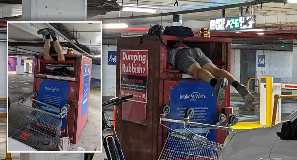 Two images of a charity bin with a man's legs dangling outside of it. 