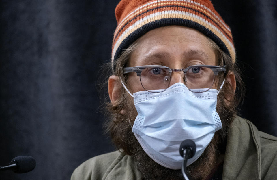 American journalist Danny Fenster speaks at a news conference at John F. Kennedy Airport in New York Tuesday, Nov. 16, 2021, after arriving in the United States following a six month detention in Myanmar. Fenster, who was recently sentenced to 11 years of hard labor after spending nearly six months in jail in military-ruled Myanmar, has been freed with the assistance of former U.S. diplomat Bill Richardson, who helped negotiate the release. (AP Photo/Craig Ruttle)