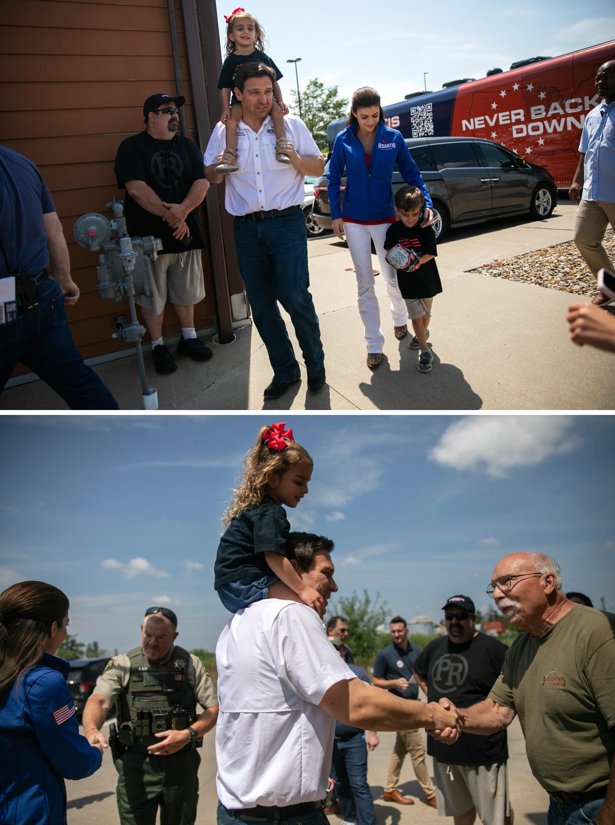 Image: Ron and Casey DeSantis walk with their children before a campaign event in Iowa on Saturday. (Maddie McGarvey for NBC News)