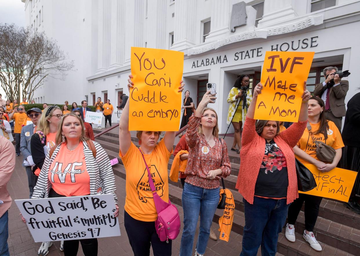Families concerned with in vitro fertilization legislation protest in Montgomery, Ala., on Feb. 28, 2024.
