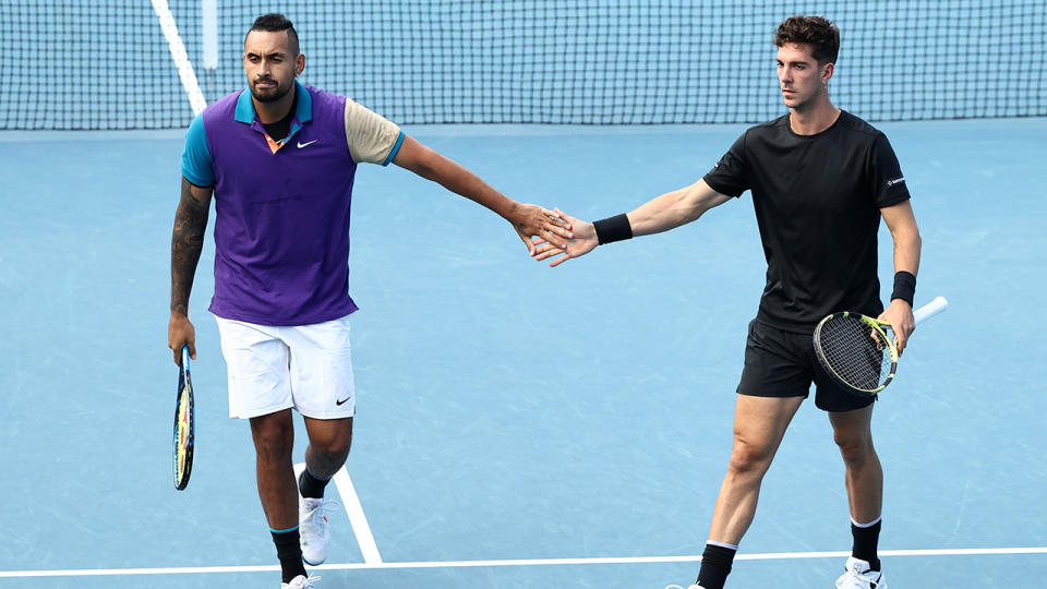 Nick Kyrgios and Thanasi Kokkinakis, pictured here in action against Lloyd Harris and Julian Knowle at the Australian Open. 