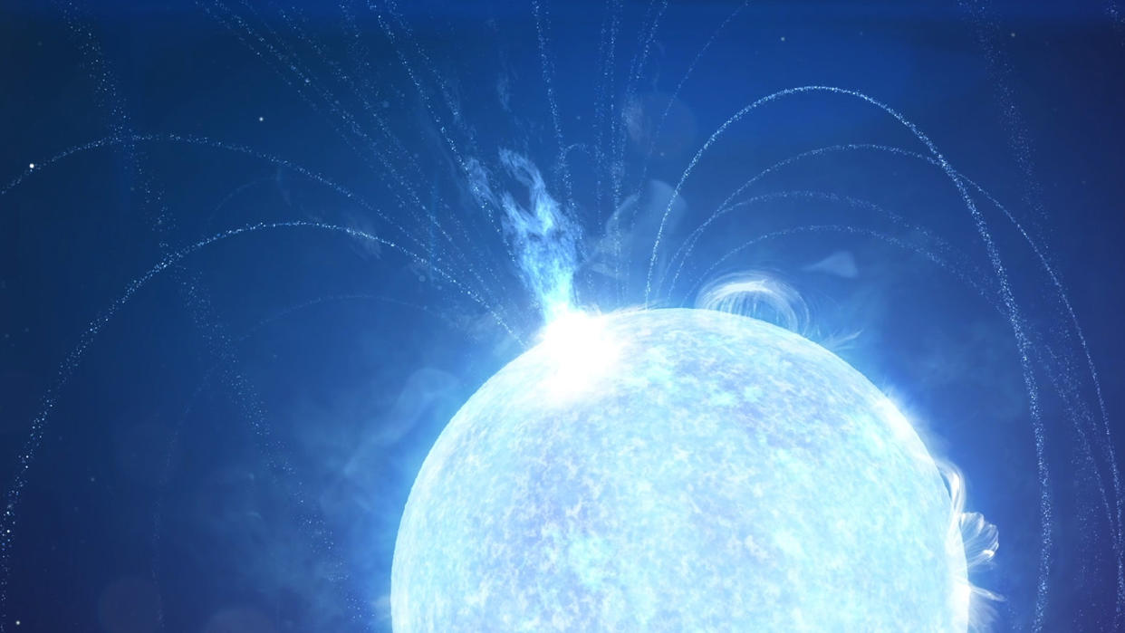  A powerful eruption from a magnetar — a supermagnetized version of a stellar remnant known as a neutron star — in this illustration.  