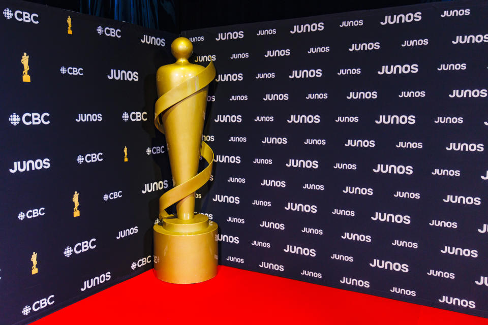 A statue of an award from the Junos on the red carpet for the 2024 nominations ceremony held in Toronto. (Photo by Mathew Tsang/Getty Images)