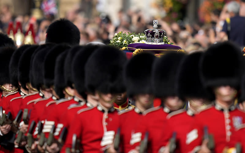 The Imperial State Crown rests on the coffin of Queen Elizabeth II
