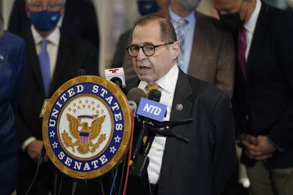 FILE - In this Monday, June 28, 2021, file photo, U.S. Rep. Jerry Nadler speaks during a news conference in New York. In a letter Tuesday, Sept. 21, 2021, to New York Gov. Kathy Hochul and New York City Mayor Bill de Blasio, four members of Congress from New York, including Nadler, demanded the release of inmates and the closure of New York City’s troubled Rikers Island jail complex after another inmate was reported dead at the facility over the weekend. (AP Photo/Seth Wenig, File)