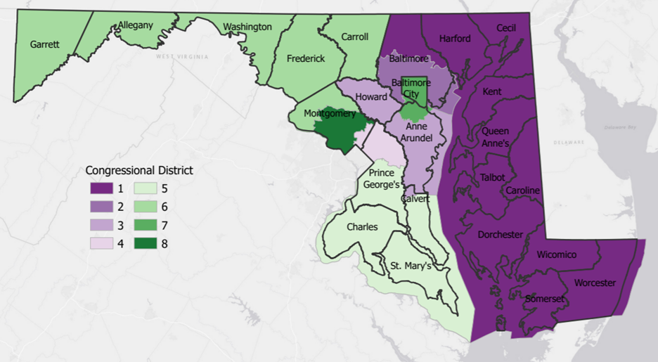 The Maryland Citizens Redistricting Commission created this draft congressional map, which was rejected by the Democrat-controlled House of Delegates in a vote Tuesday.