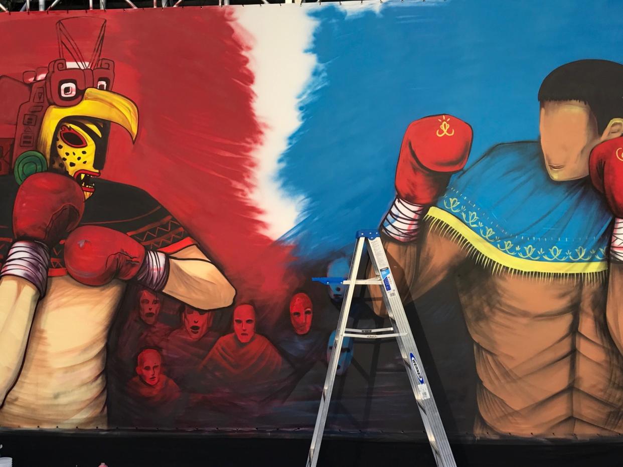 Mural mexicano en la pelea Canelo-Golovkin que los aficionados disfrutaron en las afueras del T-Mobile Arena.