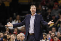 Nebraska head coach Fred Hoiberg reacts to a call against his team during the first half of an NCAA college basketball game against Iowa, Saturday, Feb. 8, 2020, in Iowa City, Iowa. (AP Photo/Charlie Neibergall)