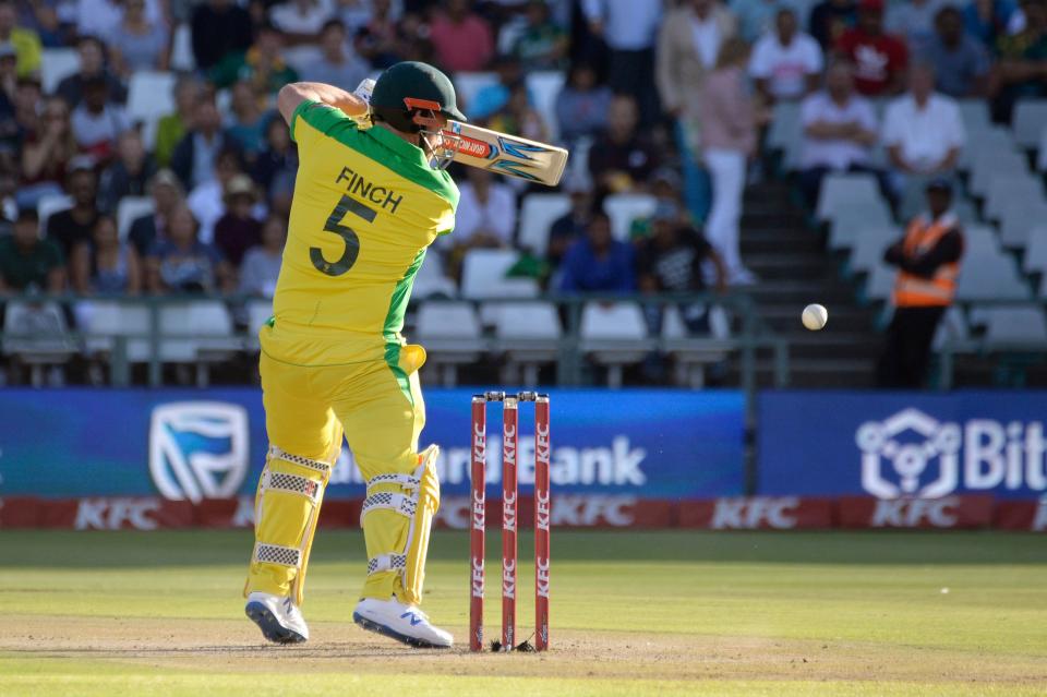 Australia's Aaron Finch bats during the third and final T20 international cricket match between South Africa and Australia at Newlands Cricket Stadium in Cape Town, on February 26, 2020.