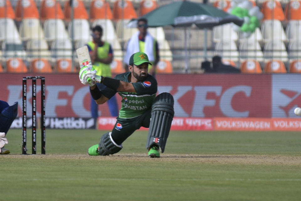 Pakistan's Mohammad Rizwan bats during the one-day international cricket match of Asia Cup between Pakistan and Nepal, in Multan, Pakistan, Wednesday, Aug. 30, 2023. (AP Photo/Asim Tanveer)