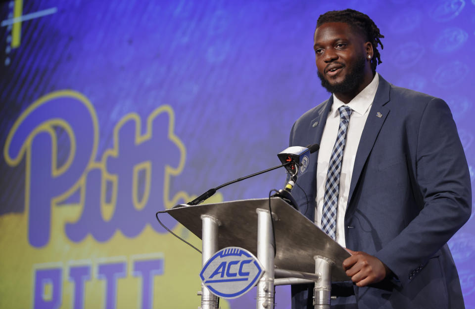 Pittsburgh offensive tackle Carter Warren answers a question at the NCAA college football Atlantic Coast Conference Media Days in Charlotte, N.C., Thursday, July 21, 2022. (AP Photo/Nell Redmond)