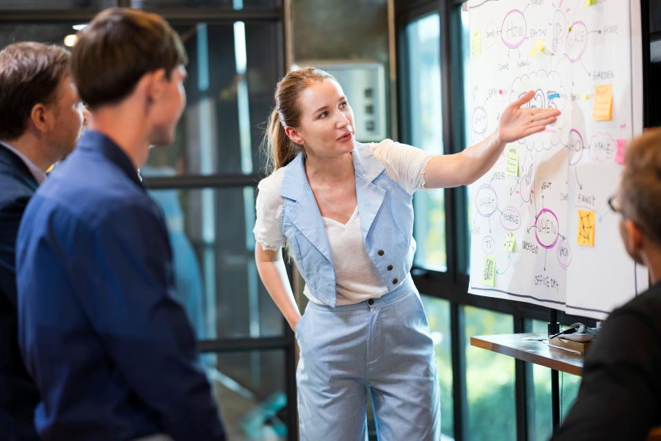 A woman standing in front of a group of people while presenting and pointing to a whiteboard.