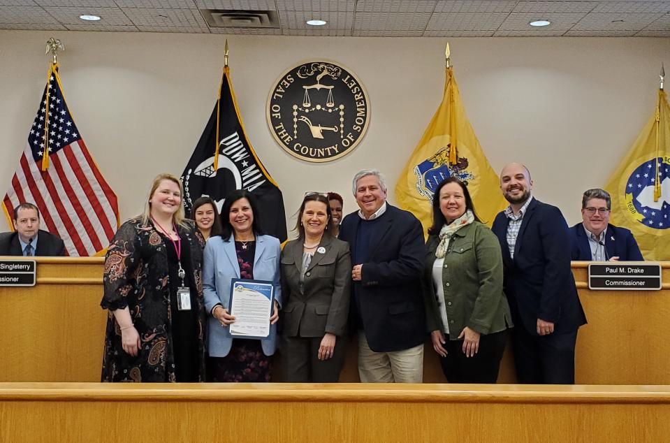 The Somerset County commissioners issued a proclamation celebrating Horticultural Therapy Week, March 17-24 this year. From left, Katelyn Katzer, principal planner, Somerset County Agricultural Development Board; Laura DePrado, president, Final Touch Plantscaping, Somerset County Agricultural Development Board; Commissioner Melonie Marano; former state Sen. Christopher "Kip" Bateman; Lori Jenssen, executive director, New Jersey Nursery Landscape Association; and Chris Edwards, CEO, Somerset County Business Partnership.