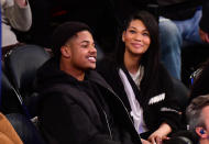 <p>Chanel Iman and Sterling Shepard attend a Pelicans v. Knicks game in 2018 </p>