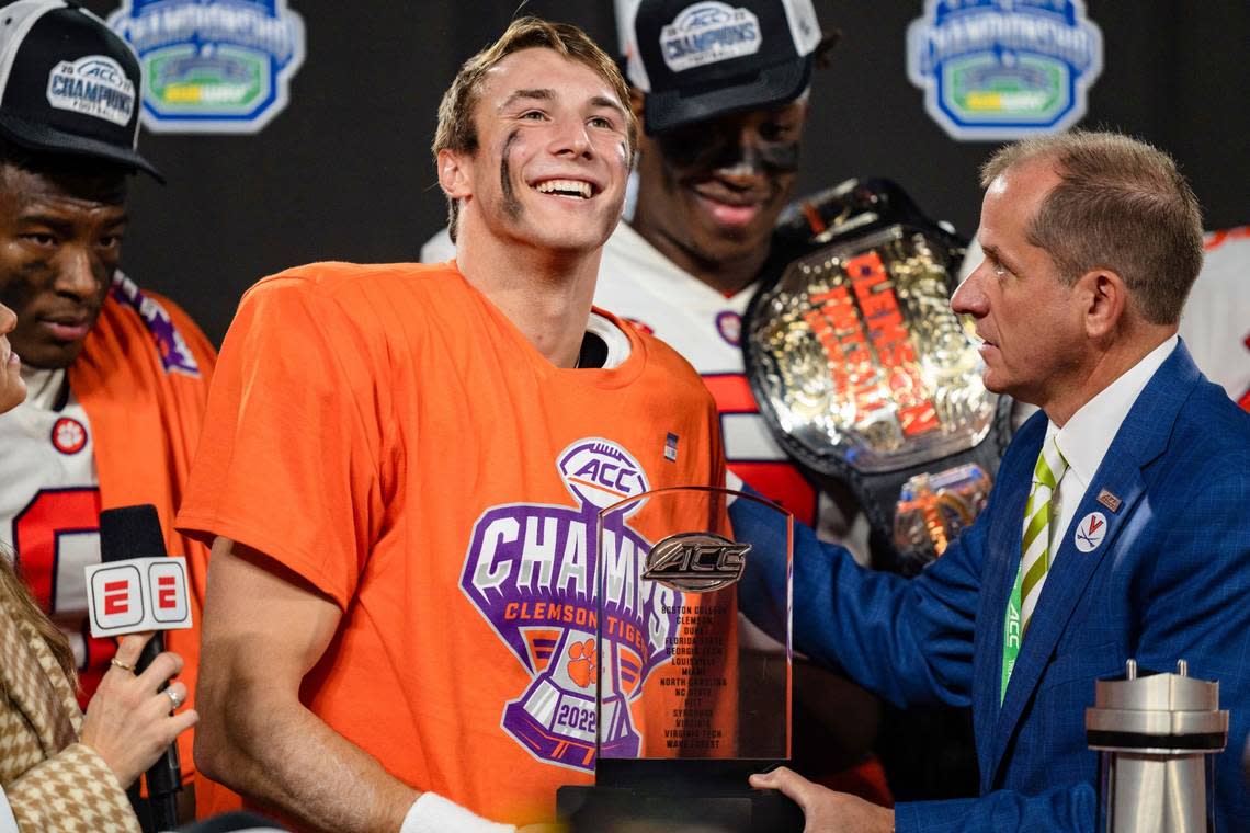 Clemson quarterback Cade Klubnik smiles after being named game MVP after Clemson defeated North Carolina in the Atlantic Coast Conference championship NCAA college football game Saturday, Dec. 3, 2022, in Charlotte, N.C. (AP Photo/Jacob Kupferman)