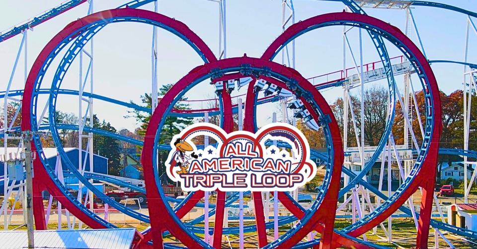 A promotional image for Indiana Beach amusement park's newest attraction, the All American Triple Loop Roller Coaster, scheduled to debut to the public May 11, 2024.