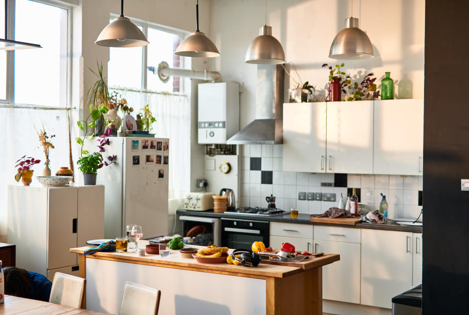 Domestic home with food on kitchen worktop and appliances, real life kitchen, domestic life, flat, apartment