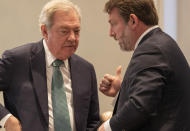 Defense attorney Dick Harpootlian and Phillip Barber talk in the double murder trial of Alex Murdaugh at the Colleton County Courthouse in Walterboro, S.C., Wednesday, Feb. 1, 2023. (Andrew J. Whitaker/The Post And Courier via AP, Pool)