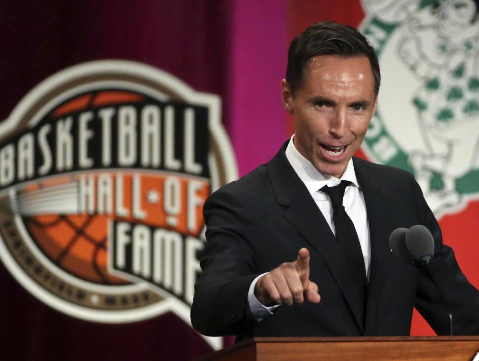 Steve Nash speaks during induction ceremonies into the Basketball Hall of Fame, Friday, Sept. 7, 2018, in Springfield, Mass. (AP Photo/Elise Amendola)